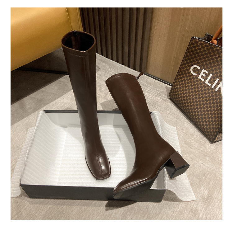 Brown Knee High Boots For Women With Thick Heels And Square Toe_voghion.com