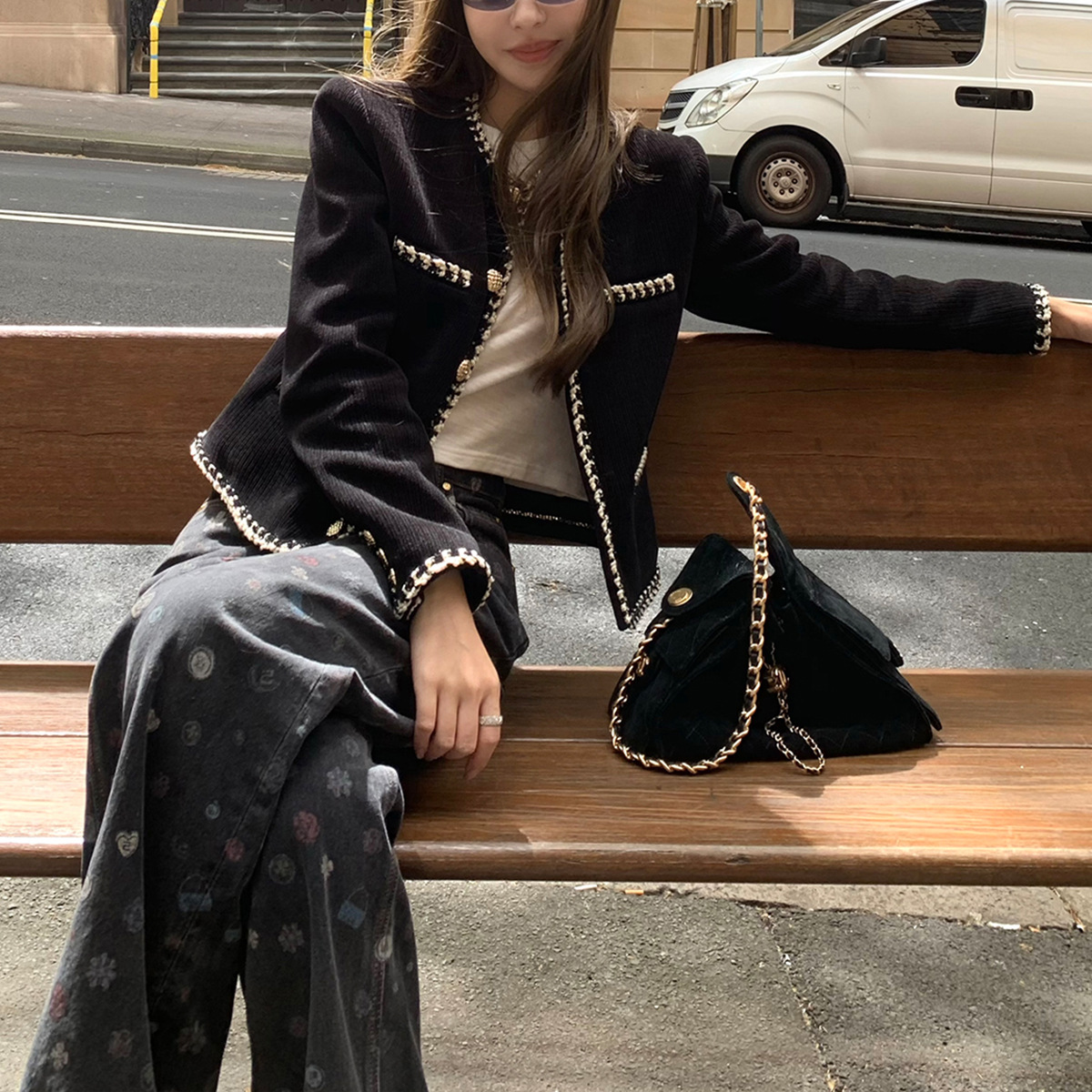 「Jennie同款」手工钉珠花边领/条绒小香链条外套秋上衣黑色
