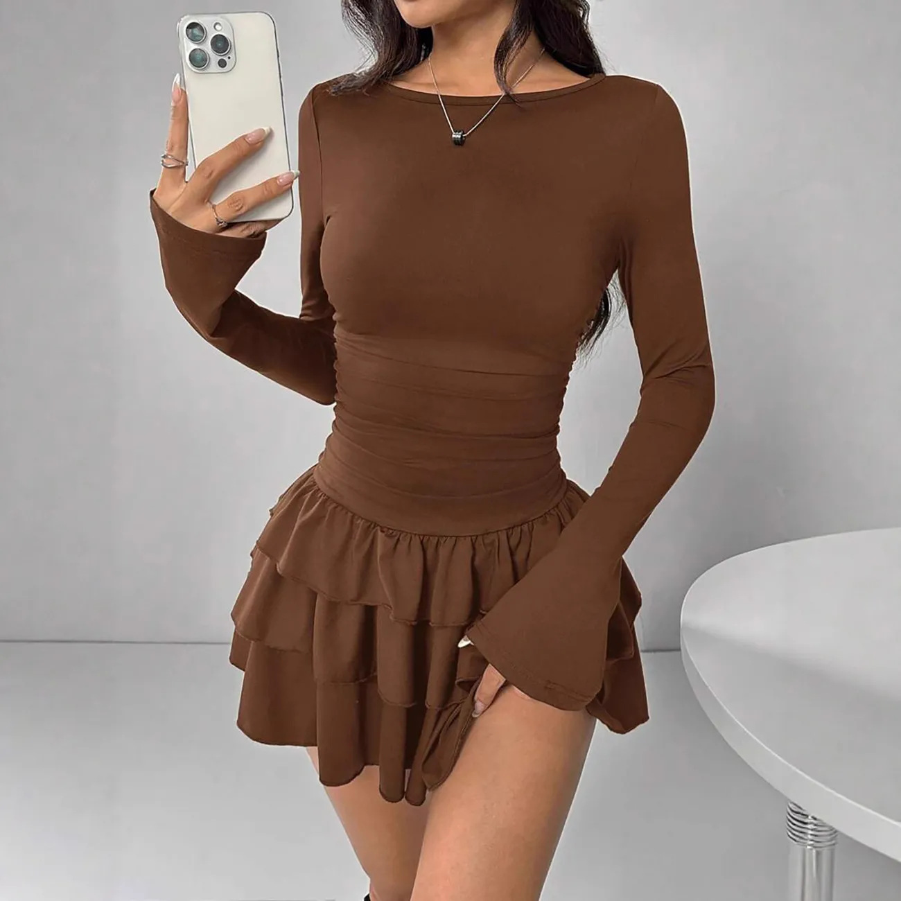 In-Stock Amazon Cross-Border European and American New Women's Clothing Autumn and Winter Solid Color Slim-Fit Elegant Long-Sleeve Dress for Women