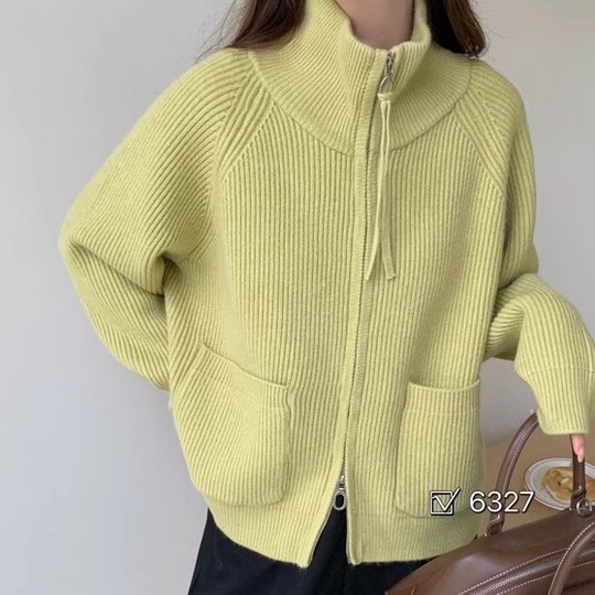 Soft and Lazy Double Zipper Sweater Jacket for Women in Spring and Autum Lapel Knitted Cardigan Loose Outer Raccoon Velvet Top
