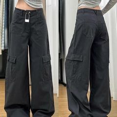 美式复古多口袋直筒工装裤女夏季新款辣妹高腰宽松显瘦百搭阔腿裤