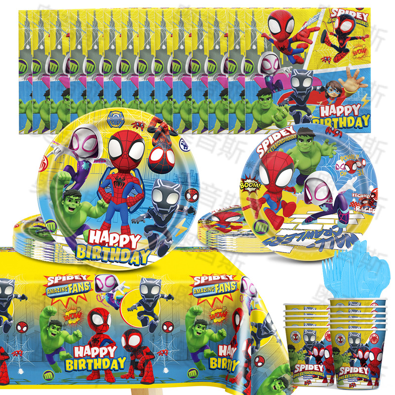 Spider-man party supplies Spider-Man and his magical friends tableware paper plate paper cup tablecloth pull flag cake