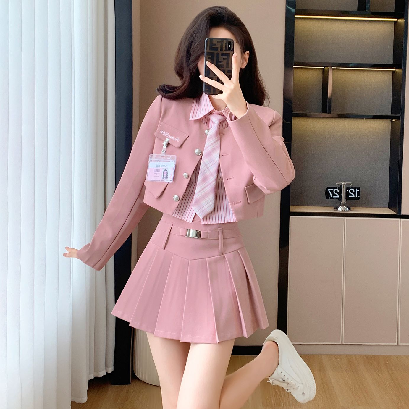 春款女装洋气西装外套百褶裙新款学姐短款气质三件套两件套装裙