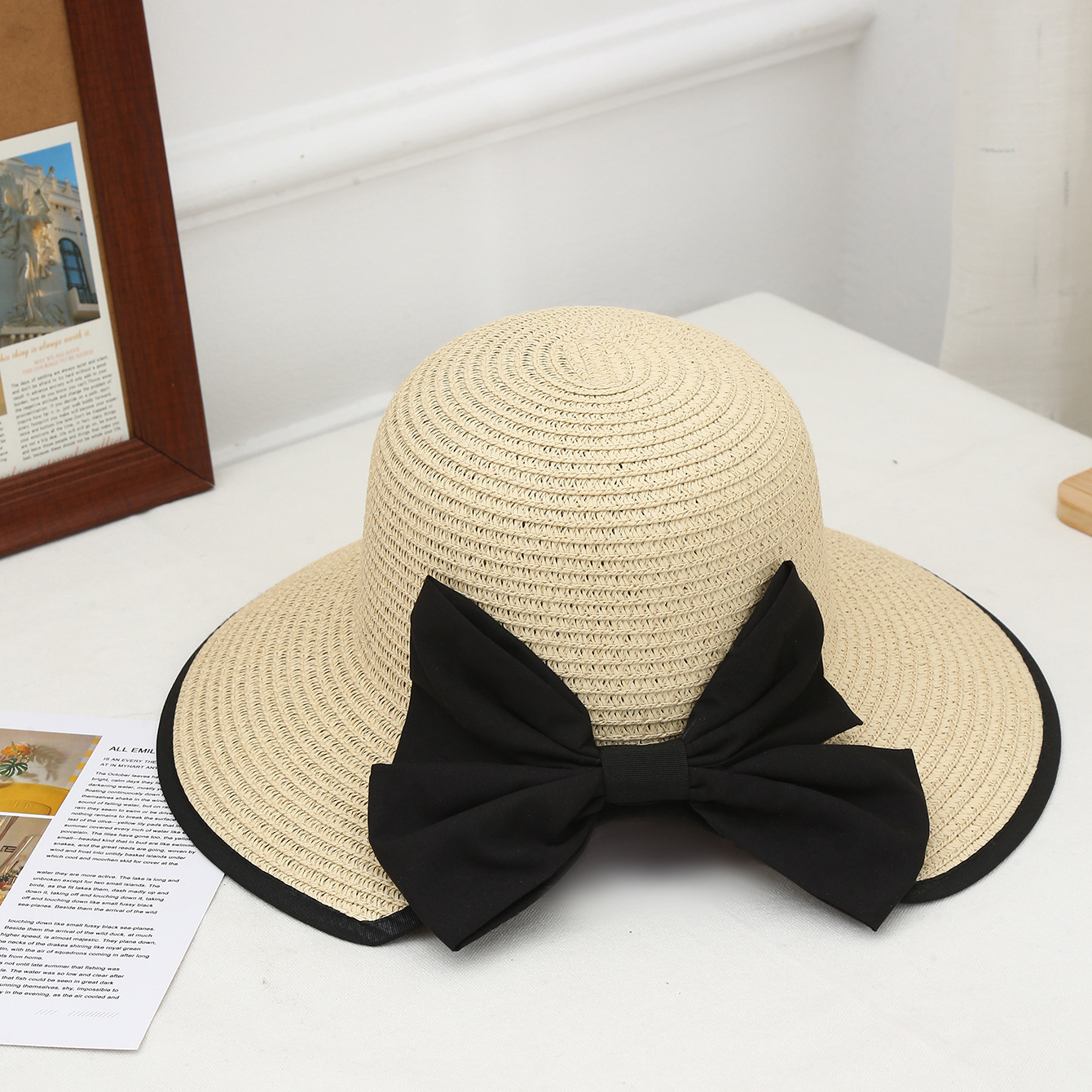 Sombrero de paja con lazo – estilo veraniego, ala ancha, para playa o vacaciones al aire libre