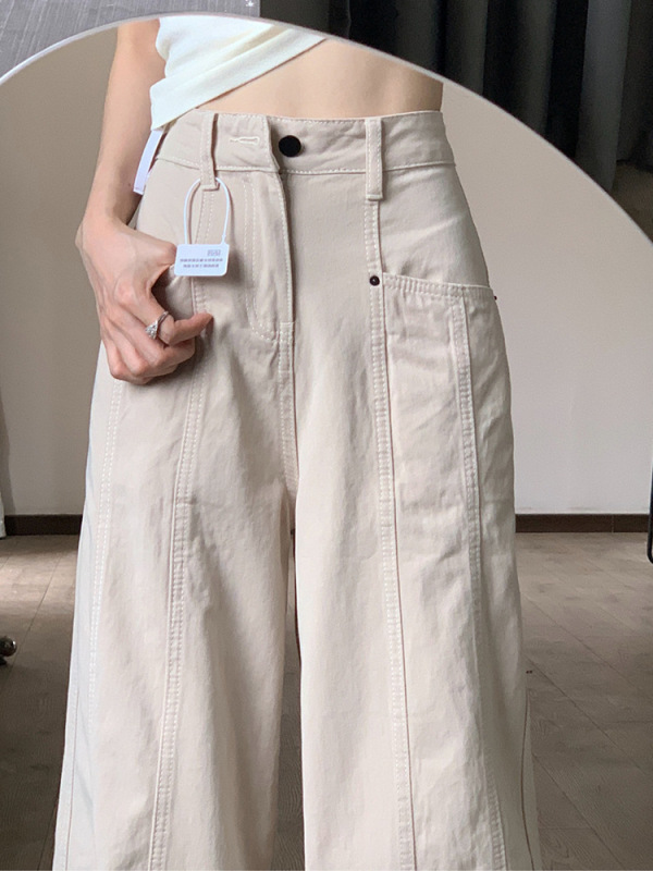 杏色工装牛仔裤女秋季慵懒松弛感高腰直筒显瘦弯刀镰刀阔腿裤子|undefined