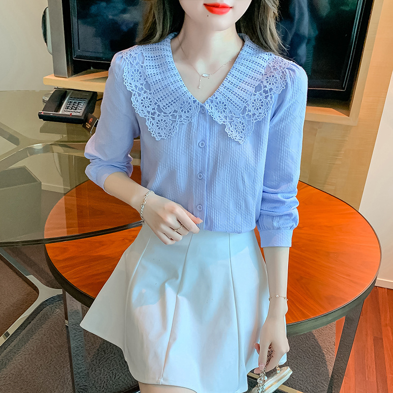 Spring and Autumn 2026 New Women's Fashion Age-Reducing Pure Cotton Shirt, Stylish All-Cotton Doll Collar Lace Top