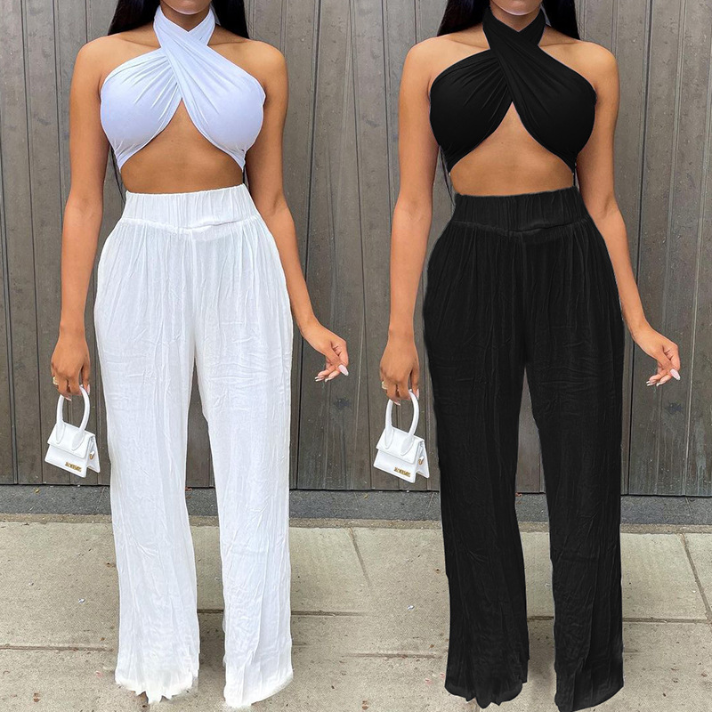women's solid color vest loose cotton and linen wide-leg pants suit nihaostyles clothing wholesale NSLAI76351