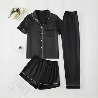 跨境外贸欧美夏季睡衣女款开衫短袖短裤长裤三件套家居服服装定制