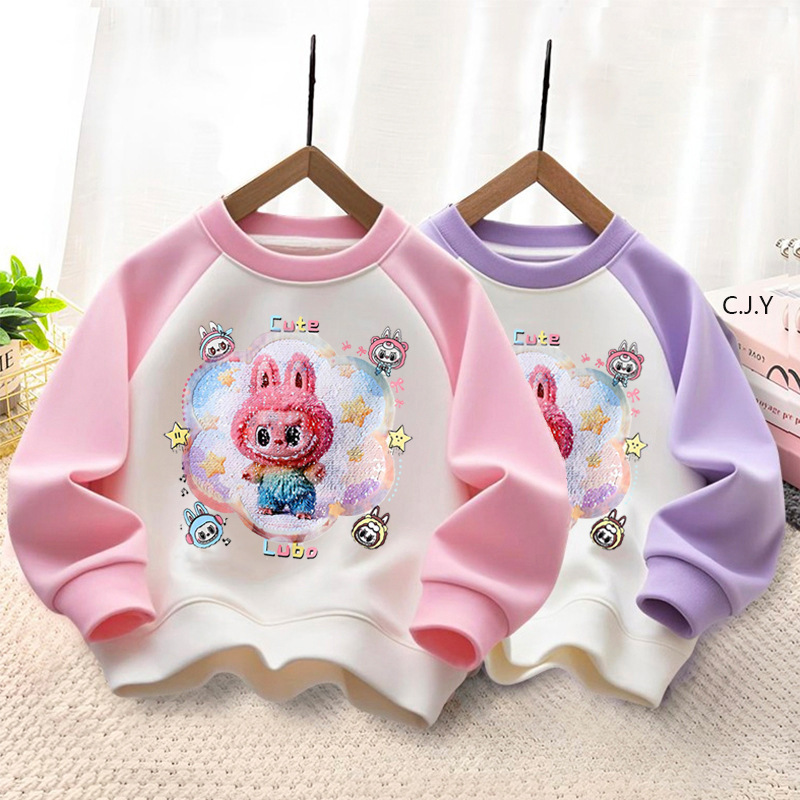 秋款 女童拉拉布亮片变脸卫衣儿童卡通拼色袖圆领套头衫