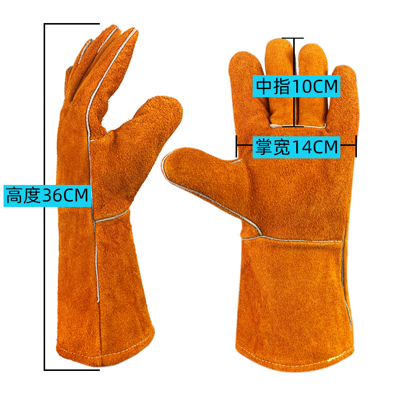 Guantes largos de cuero para soldar, para manos izquierda y derecha, guantes de trabajo de protección laboral de doble capa y gruesos