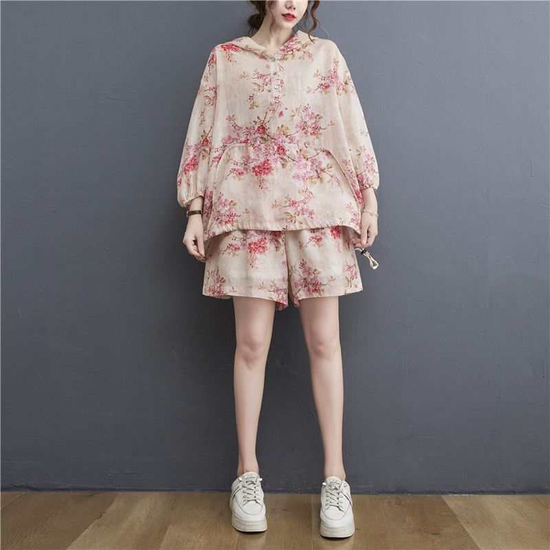 (2개) 플러스 사이즈 여성 의류 통통한 자매 인쇄 라미 반바지 투피스 세트 여성 후드 세븐 슬리브 얇은 탑 세트 여성 여름