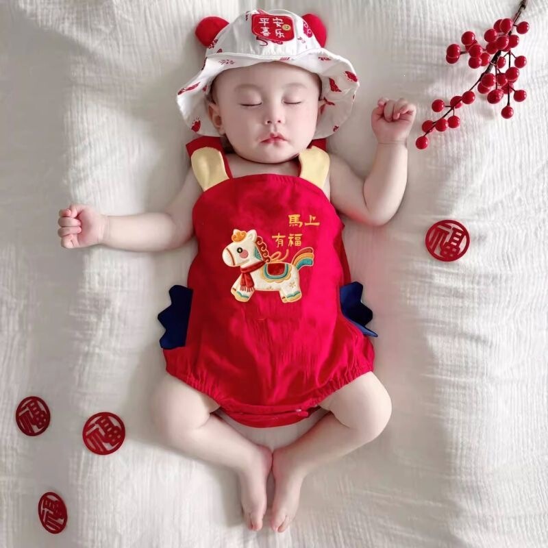 Baby Summer Chinese Style Sleeveless Vest Red Romper Newborn One-Month-Old One-Year-Old Infant Jumpsuit Triangle Crawling Suit