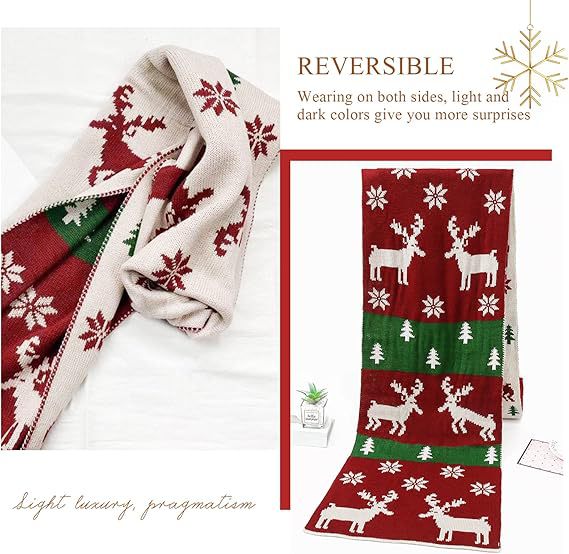 Sciarpa di lana calda lavorata a maglia con renne autunnali e invernali, scialle, sciarpa rossa per Capodanno._voghion.com