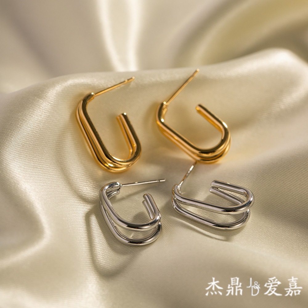 Pendientes de aro de acero inoxidable chapados en oro de 18k estilo europeo y americano, pendientes circulares de titanio de doble capa con líneas geométricas para mujer, lujo ligero.