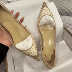 女性用ワンピースヘアクリスタルシューズ、レースメッシュシングルシューズ、ラインストーン平底インナー高めポインテッドトゥシューズ、浅い口、赤い底、ネット有名人
