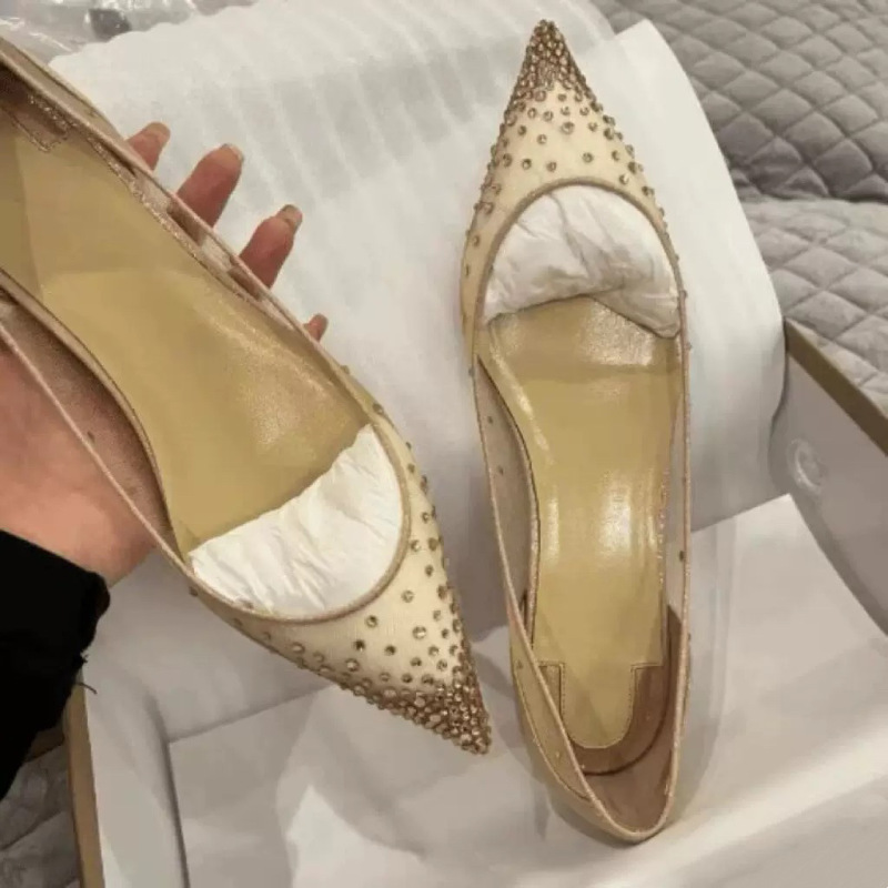 Dropshipping Crystal Shoes for Women, Lace Mesh Shoes, Rhinestone Flats Soles, Increased Height, Pointed Toe Shoes, Shallow Mouth, Red Soles, Popular