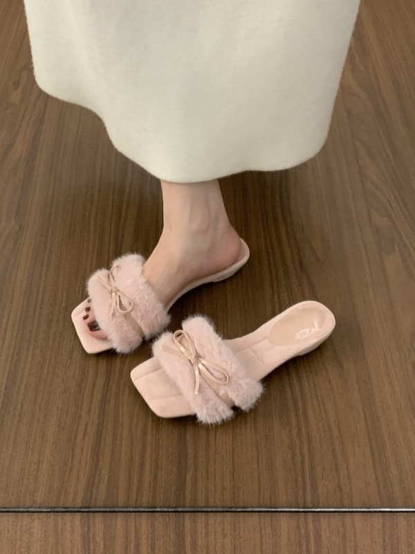 配裙子温柔蝴蝶结毛毛拖鞋女外穿2025秋冬新款高级感杏色坡跟凉拖|undefined