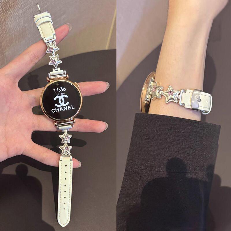 Diamond-Studded Star Patchwork Leather Strap Suitable for Huawei Gt6 Watch, Gt5 High-End Chanel-Style Watch, Watch5 Women's 41mm Wristband
