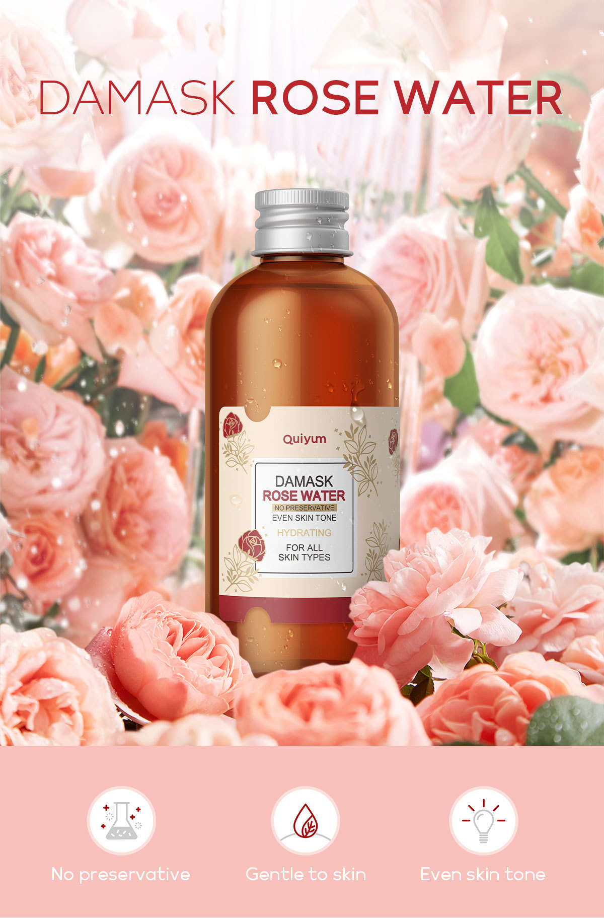 Wholesale of cross-border QUIYUM Damascus rose hydrosol wet compress hydrating, Moisturizing and brightening toner in stock from the manufacturer undefined