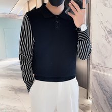 高级感假两件保暖针织衫男冬季潮牌痞帅条纹翻领毛衣新款男款线衣