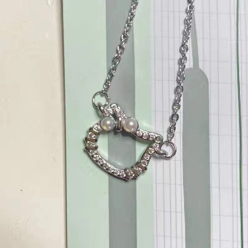 Cartoon Kitty Cat Head Pearl Bow Cute Elegant Diamond Pendant Necklace for Girlfriend Gift Friend Necklace
