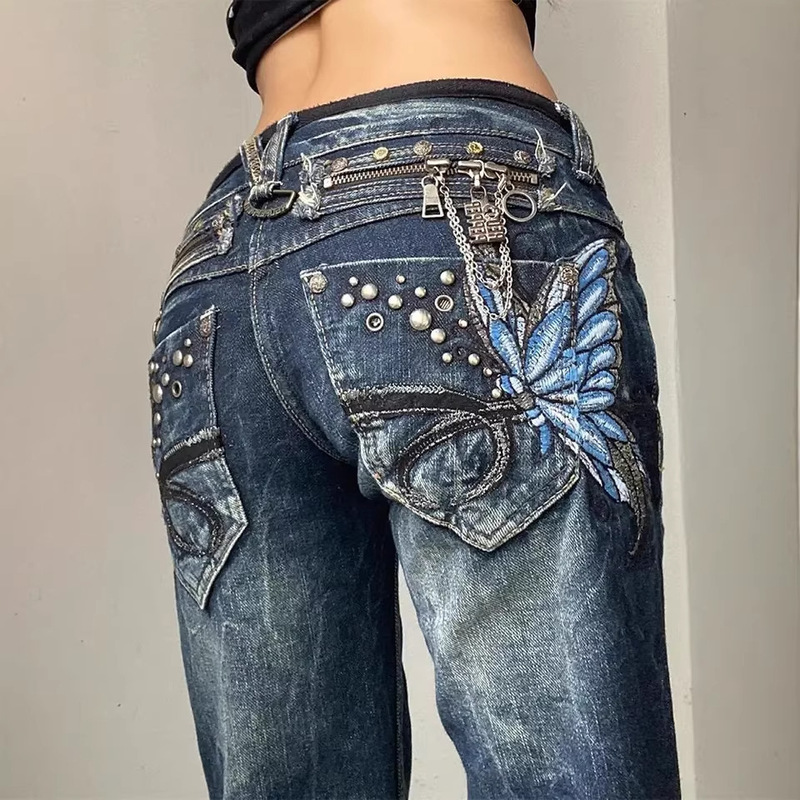Cross-Border Aliexpress Butterfly Embroidery Low-Waist Jeans for Women Y2K Retro Hottie Harajuku Slim Fit Flared Jeans