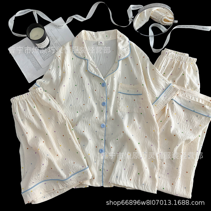 Hermosos pijamas de tela de rabu mujeres primavera y otoño verano nubes de algodón dulce mangas cortas pantalones cortos de tres piezas ropa para el hogar