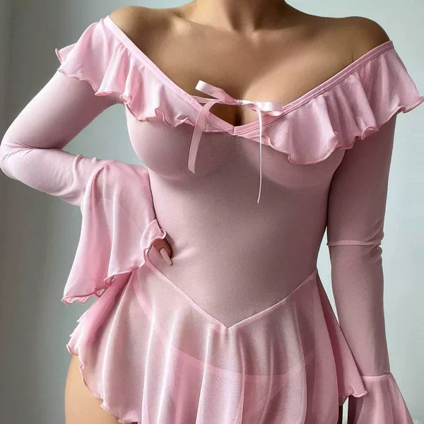 Cross-Border Foreign Trade European and American Sexy See-Through Mesh Dress, Off-Shoulder Pure Desire Style, Bell Sleeves, Erotic Lingerie for Women