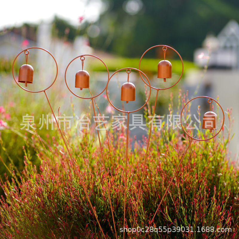 跨境复古金属五个铃铛圆环地插，花园阳台插件|undefined