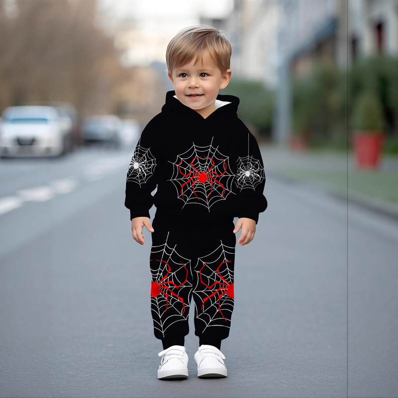 Boys Hoodie Set with Spider Web Print Design for Outdoor Activities, Sports and Casual Wear