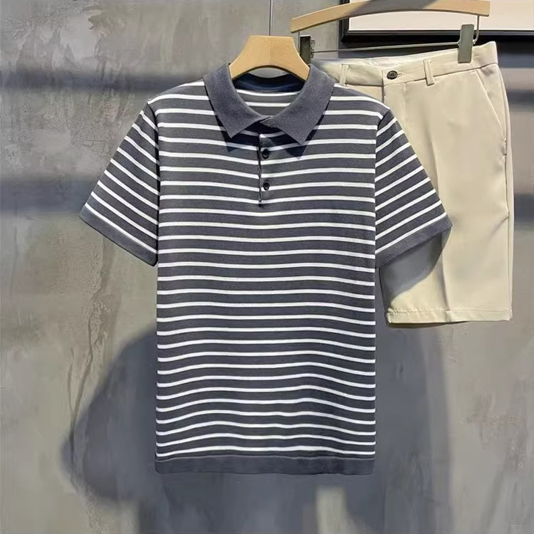 Verano nuevo estilo a rayas de manga corta suéter hombre POLO solapa negocio delgado seda de hielo camiseta comercio exterior transfronterizo al por mayor