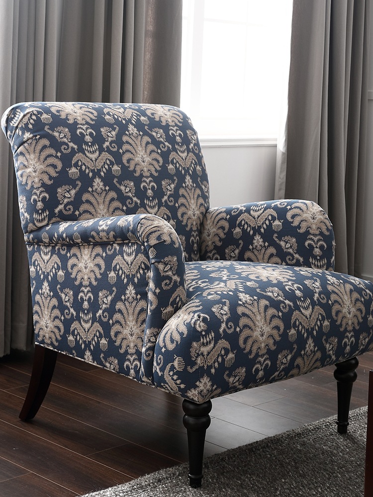 美式复古布艺老虎椅 田园风格蓝色碎花单人沙发 客厅卧室实木单椅
