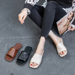 First Layer Cowhide Summer Sandals Women's New Artistic Retro Women's Slippers Outer Wear Soft Bottom Soft Surface Simple Women's Shoes