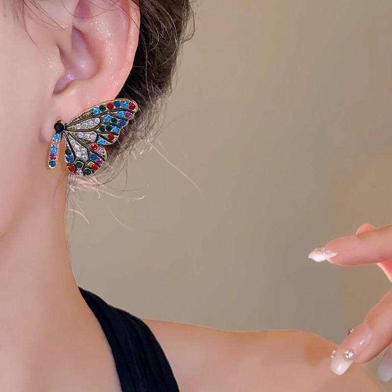 中古ヴィンテージジュエリーシルバー針ダイヤモンド蝶の羽のイヤリングライト高級ハイエンドイヤリング女性のためのファッションイヤリング|undefined