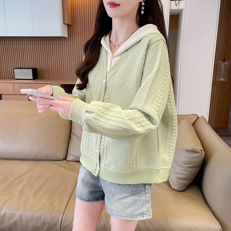 봄과 가을 새로운 부드러운 스타일 색상 매칭 자카드 스웨터 카디건 재킷 여성용 느슨한 캐주얼 가짜 투피스 후드탑