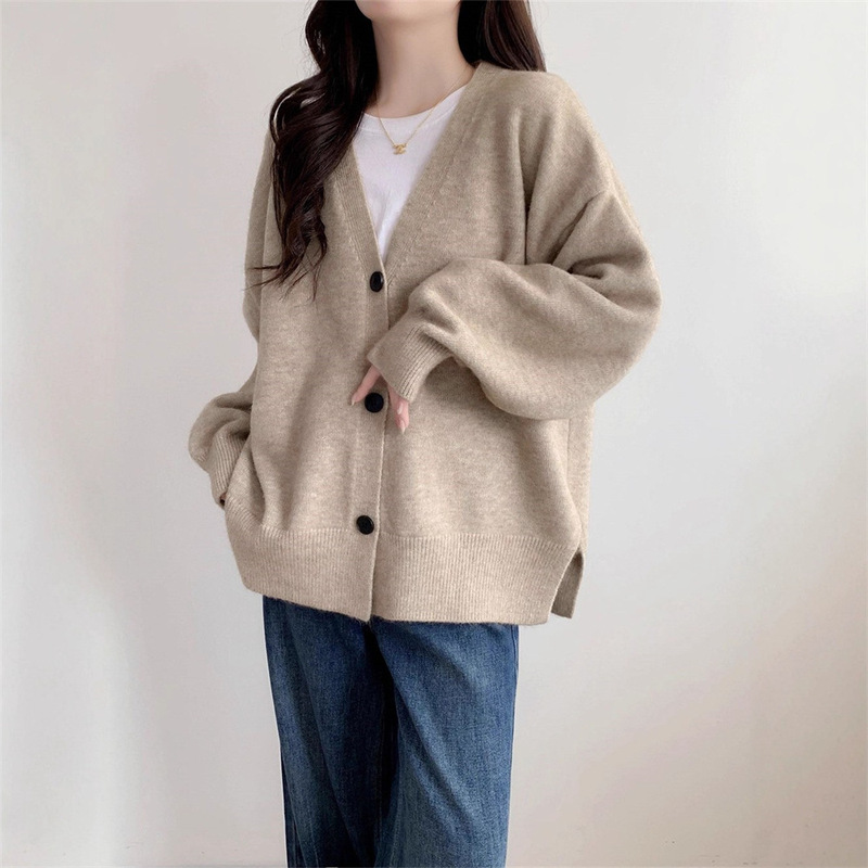 韩系简约V领毛衣外套女秋冬新款慵懒风宽松百搭休闲针织开衫上衣|undefined