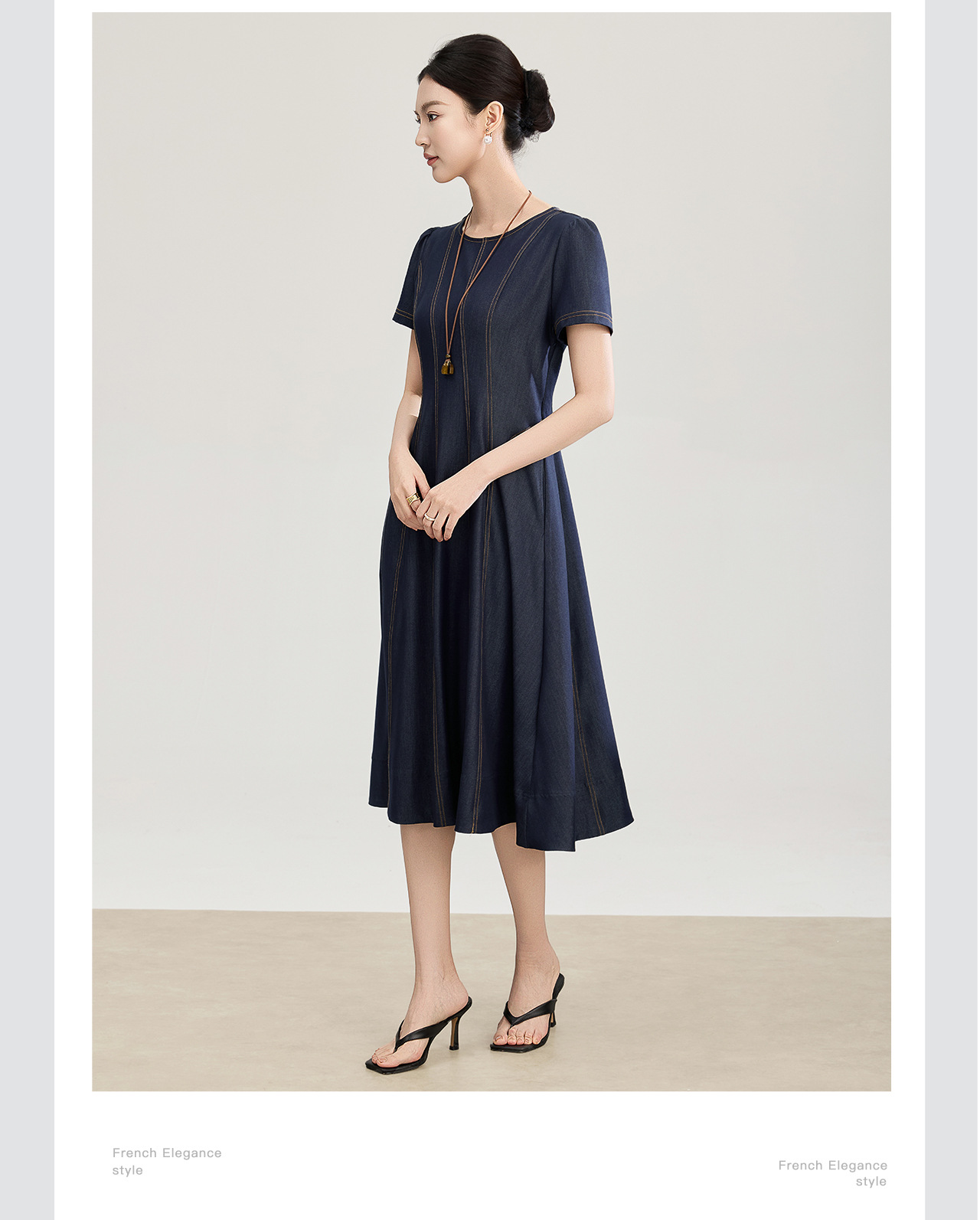 Đầm denim nữ tay ngắn thắt eo phong cách vintage chất liệu tencel cotton thoáng mát — màu xanh đậm chi tiết 8