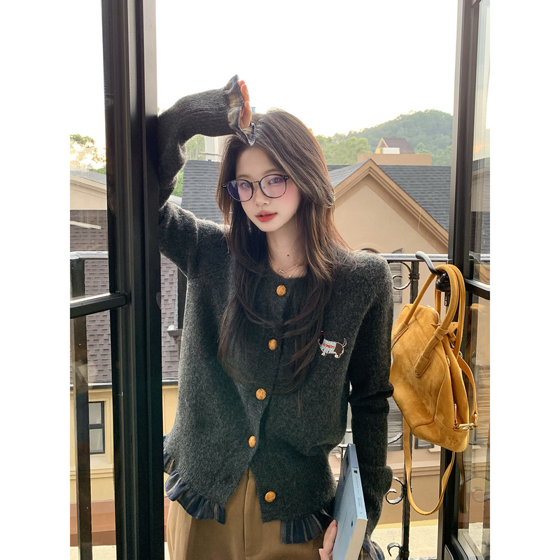 小仙倪子灰色拼接针织衫女秋季款慵懒感穿搭高级感开衫学院风外套|undefined