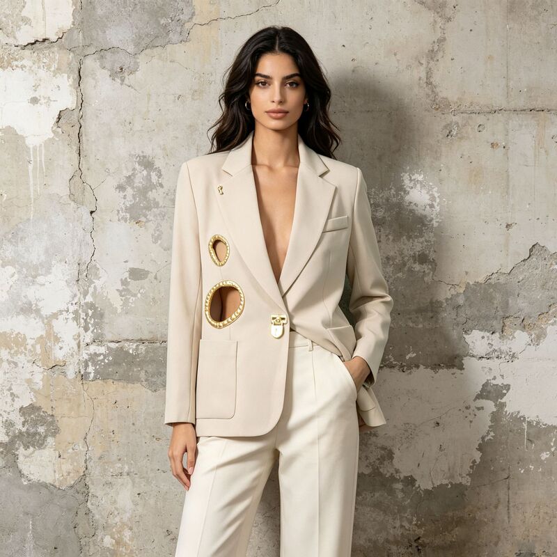 Elegant and Stylish Blazer 2026 New Model V-Neck Metal Hollow-Out Design Long-Sleeve Oversized Suit Jacket for Women