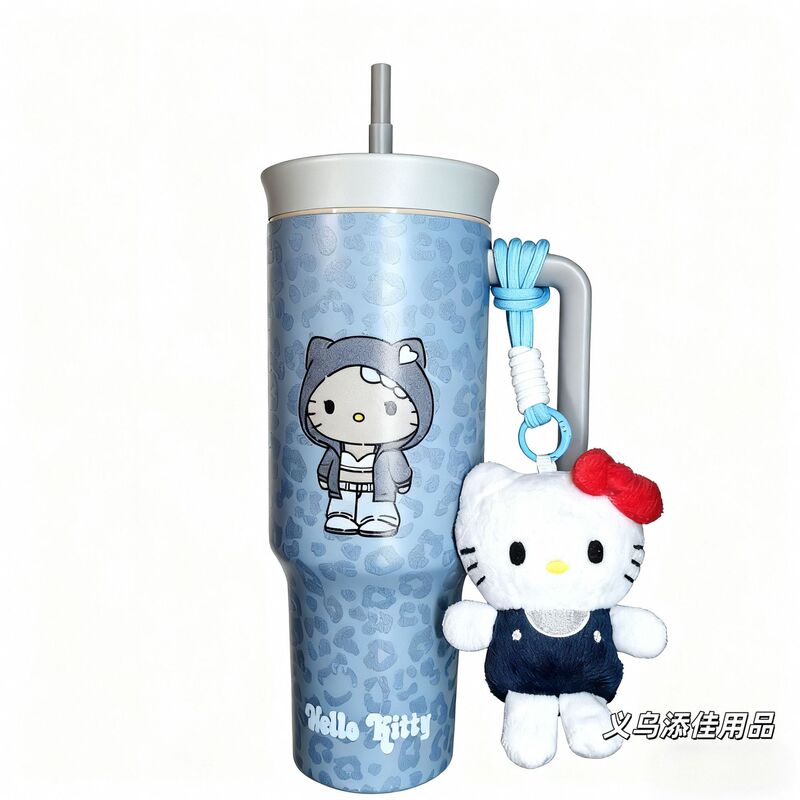 野兽派欧阳娜娜同款黑皮豹纹HelloKitty巨无霸保温吸管不锈钢水杯|undefined