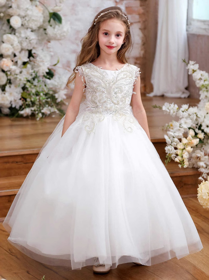 Comercio exterior transfronterizo de Europa y América ropa infantil cinturón de encaje completo taladro sin mangas champán flores de champán vestido de novia de niñas