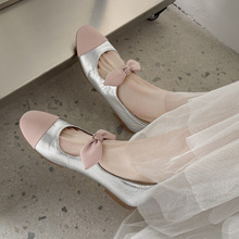 超仙少女心甜美拼色蝴蝶结羊皮玛丽珍2025春季平底圆头真皮单鞋女