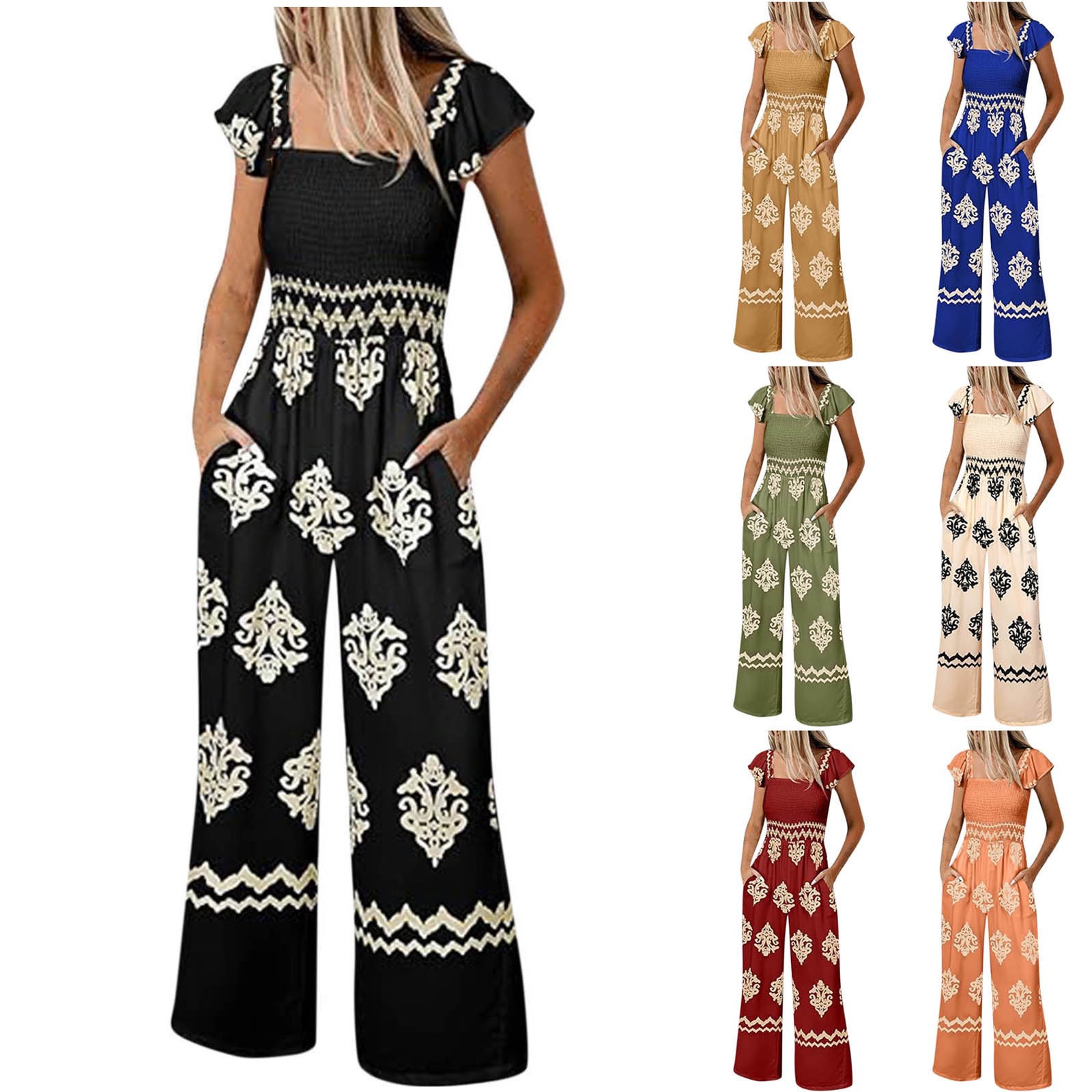 2025 women's bohemian jumpsuit suspenders vintage print cap sleeve high waist wide leg jumpsuit with pockets