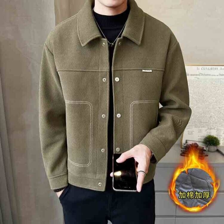 Trendy Hong Kong-style patchwork lapel wool jacket for young men, winter 2026, with added cotton for extra warmth and thickness, a versatile outerwear piece