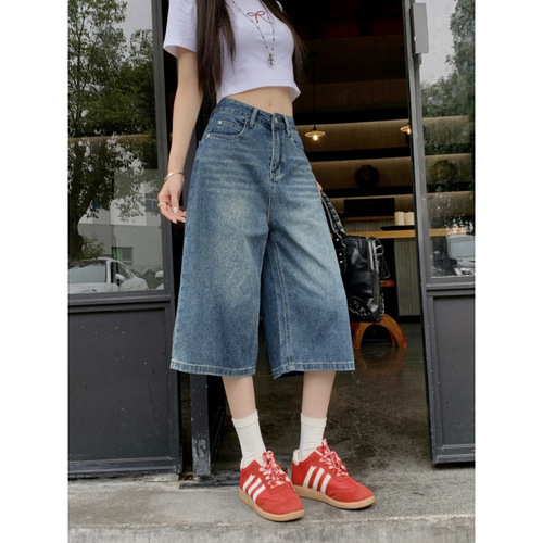 Vintage Cowboy Short Women's Summer Plus Size High-Waisted Loose Slimming Versatile Seven-Eighth Length Straight Leg Wide Leg Pants for Petite Figures