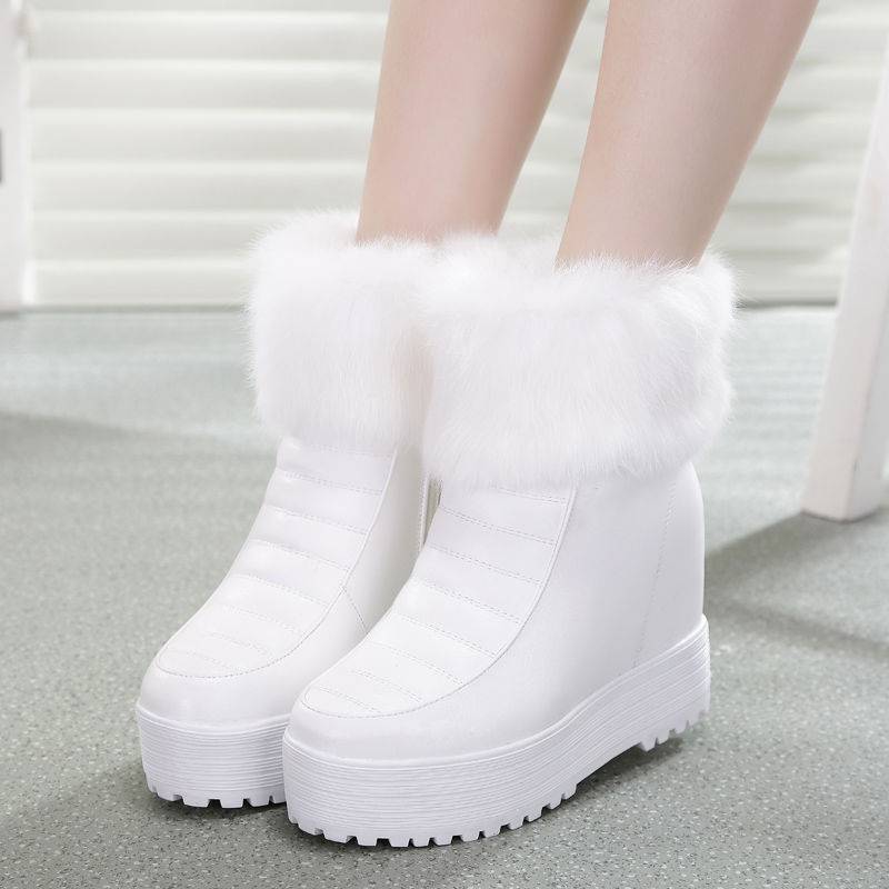 2021冬厚底兔毛白色雪地靴女内增高短靴子皮面松糕防水台坡跟保暖