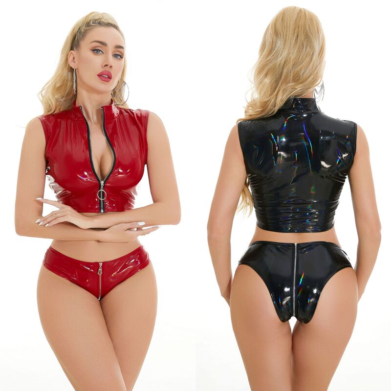 Zipper-Coded Colorful Bright Leather Pu Intimates, Glossy Patent Leather Nightclub Bodysuit