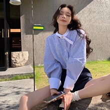 女式秋季新款法式高级感漂亮小衫蓝色条纹女式上衣设计感小众衬衫