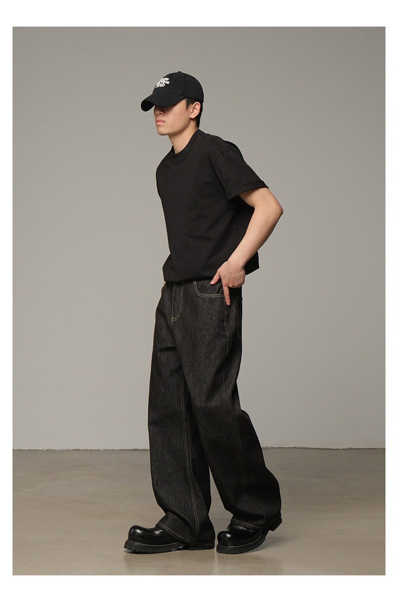 Classic American Raw Denim Jeans For Men – Straight Leg Relaxed Fit Washed Black Denim Pants, Vintage Style For Everyday Wear_mkmklike.com