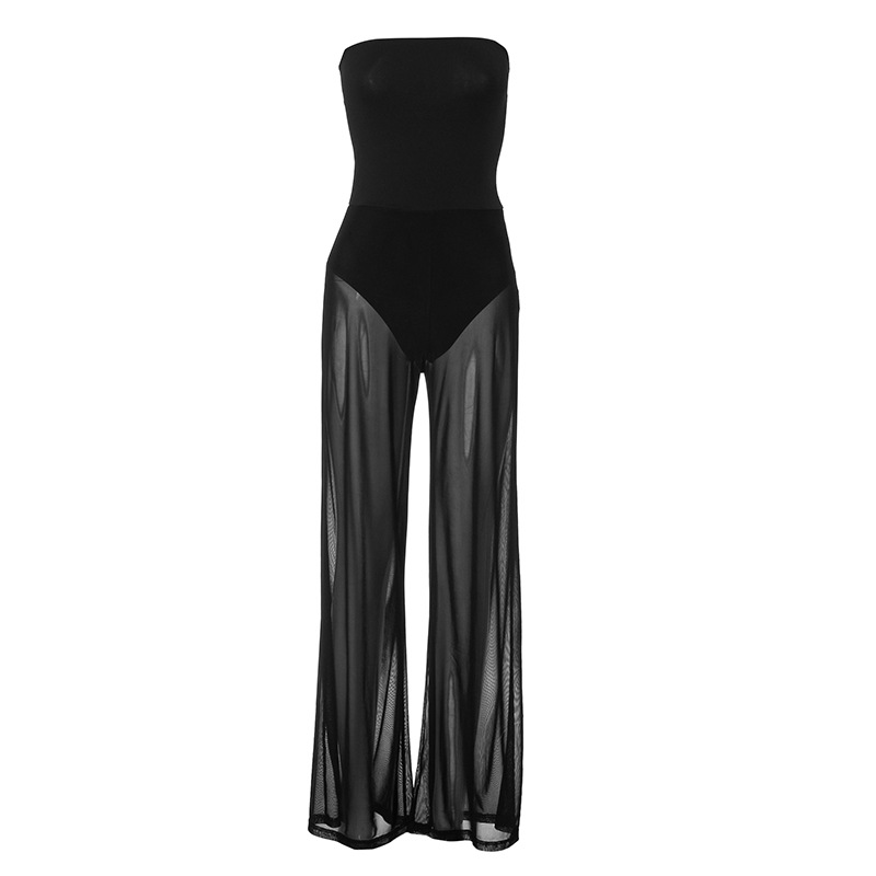 Women Clothing Autumn Winter Sleeveless Slim Fitting Patchwork See through Jumpsuit